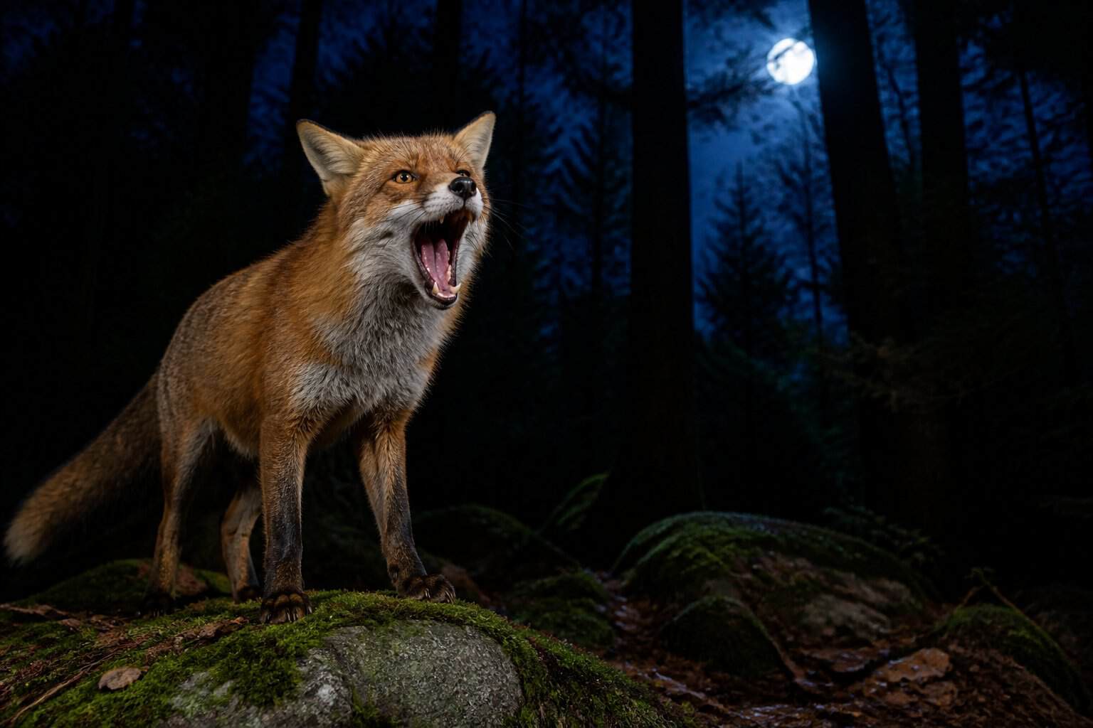 A red fox standing on a rock in a dark forest at night with its mouth open as if screaming.