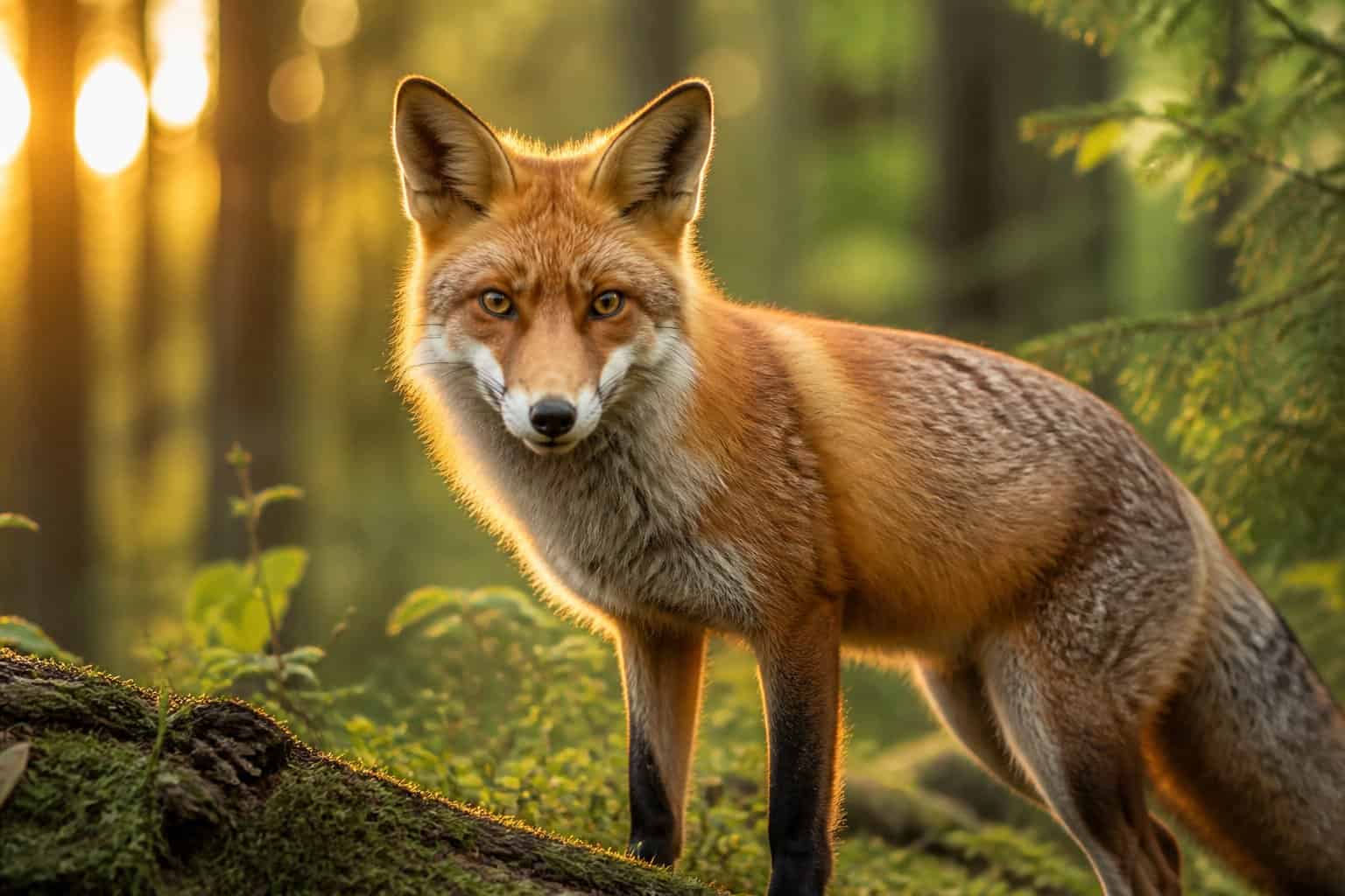 A red fox standing in a forest looking attentively at the camera with green foliage in the background.