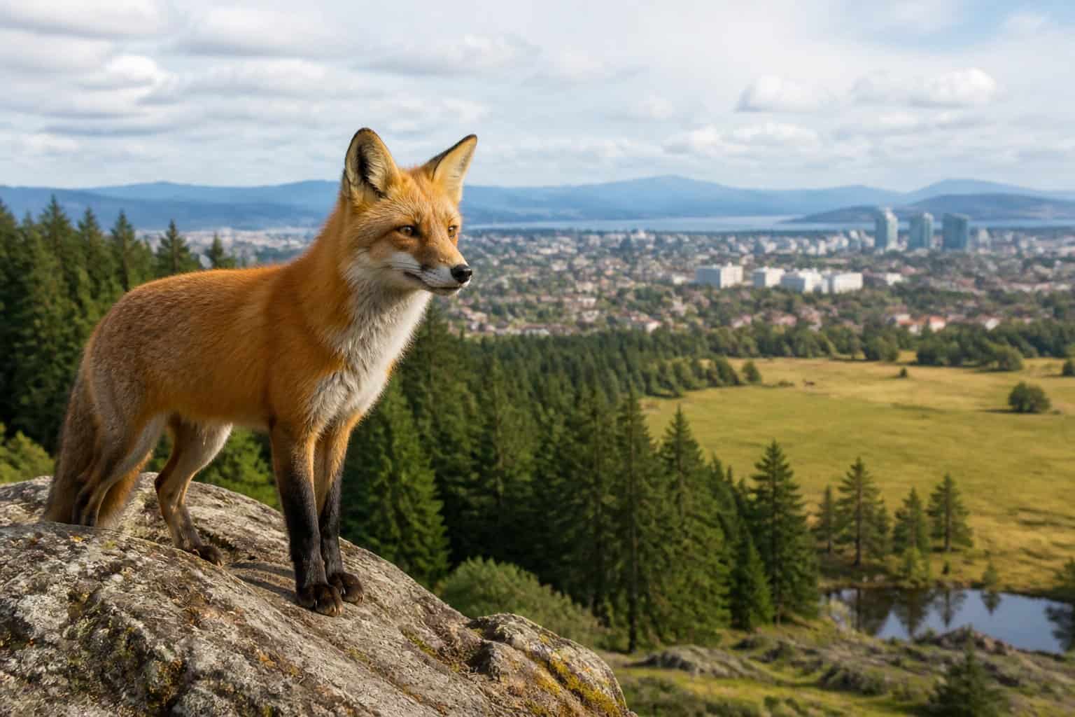 A red fox standing on a rock overlooking a landscape with forest, meadow, and urban area in the distance.