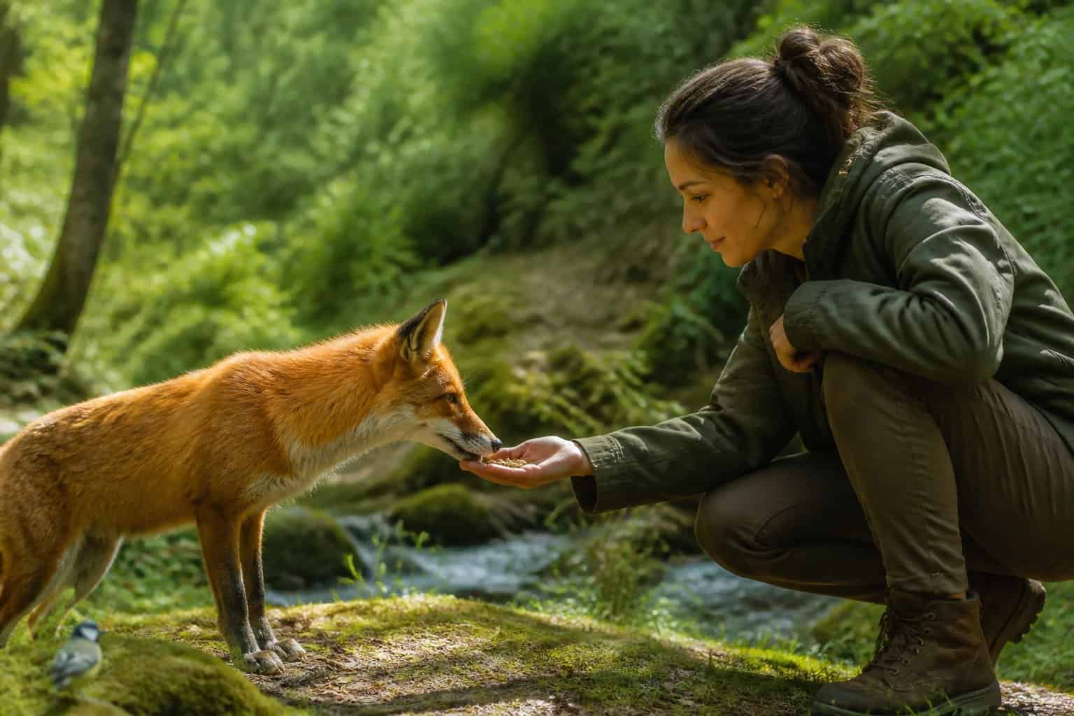 A person crouching in a forest clearing gently offering food to a calm red fox.