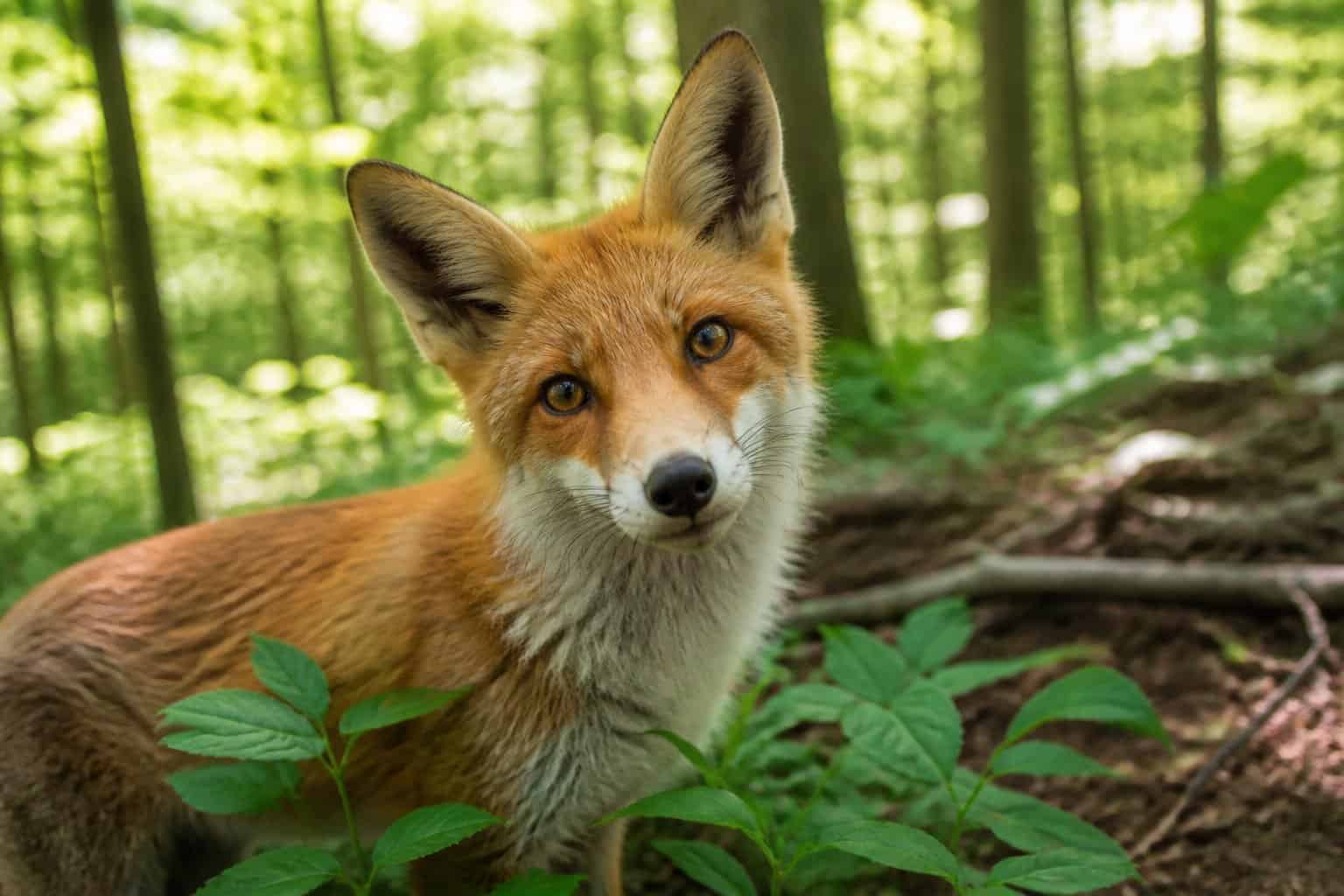 A close-up of a wild fox in a green forest with sunlight filtering through the trees.