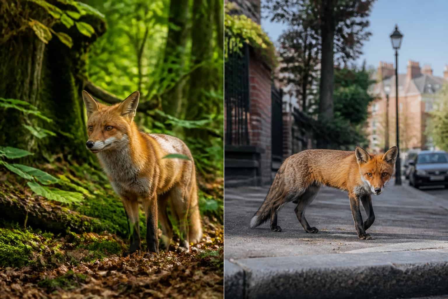 A wild fox in a forest and an urban fox in a city park shown side by side, highlighting their different natural environments.