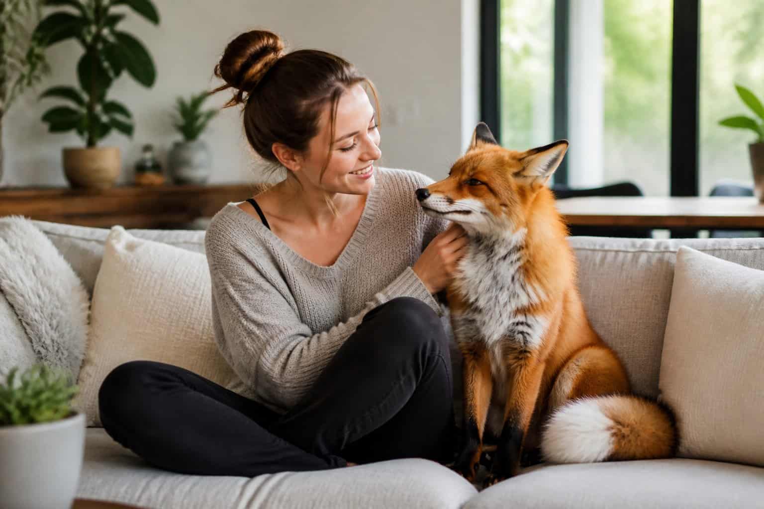 A red fox sitting calmly on a sofa next to a smiling young adult in a bright, modern living room.