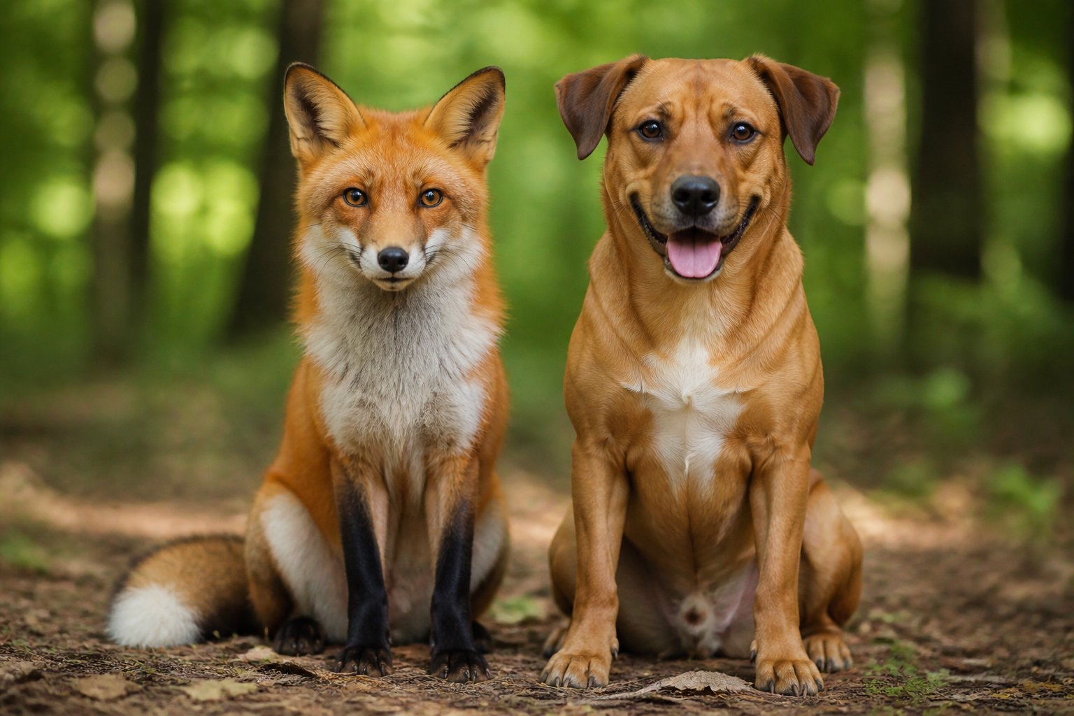 A red fox and a brown dog sitting side by side on a forest floor with green leaves in the background.