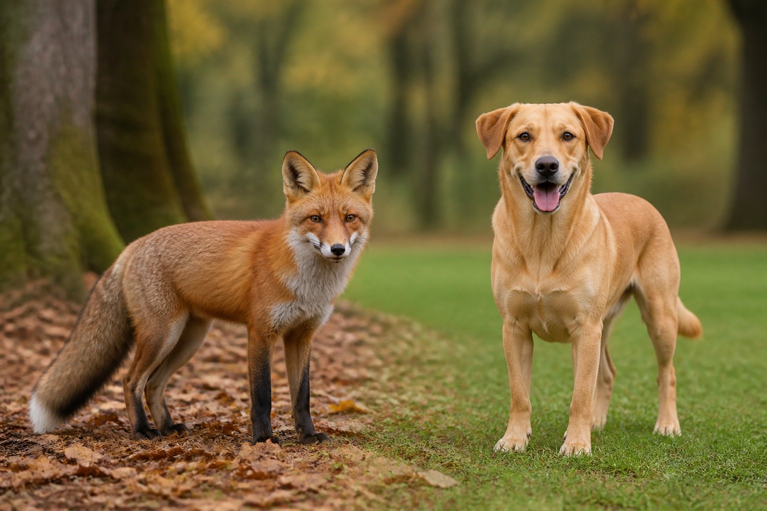 A fox and a dog standing side by side outdoors, showing their different physical features.