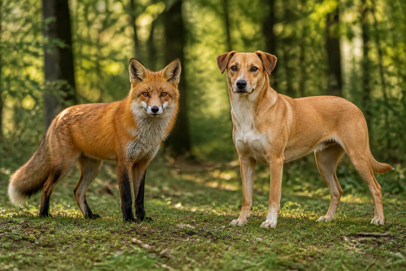 A red fox and a domestic dog standing side by side outdoors in a forested area.