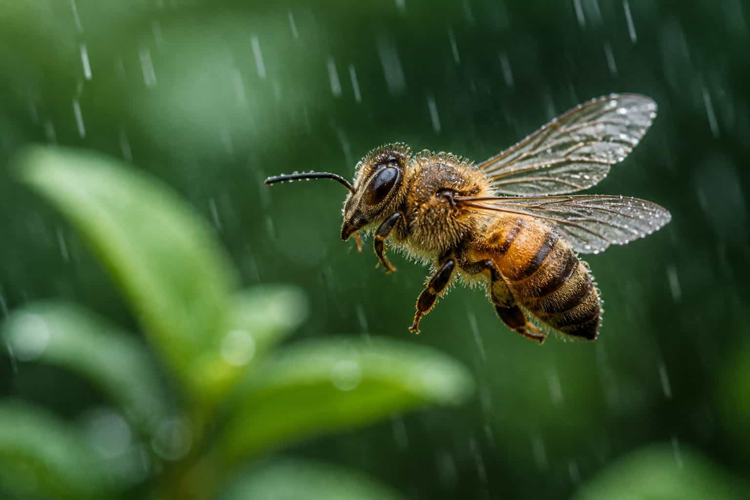 A honeybee flying through light rain with water droplets on its wings and green foliage in the background.