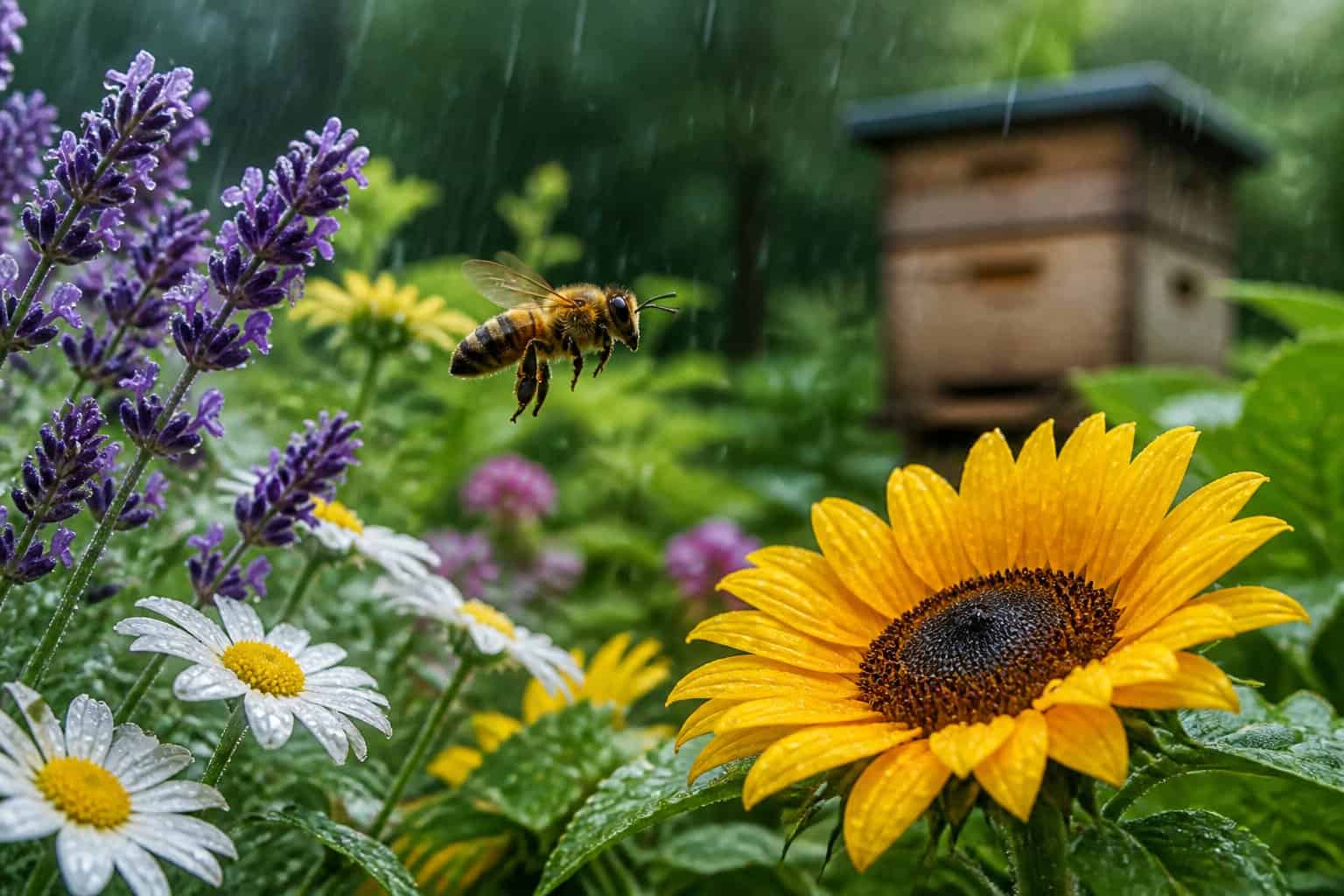 A honeybee flying near colorful flowers in a garden during gentle rain with a beehive in the background.