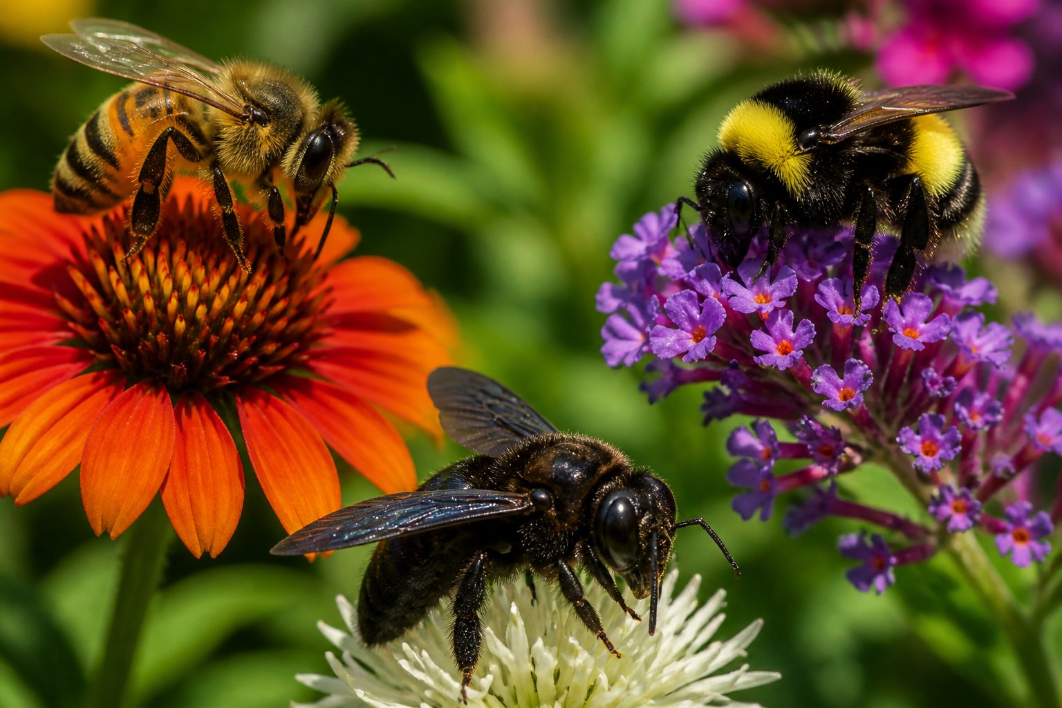 Close-up of various bees on flowers in a natural outdoor setting.