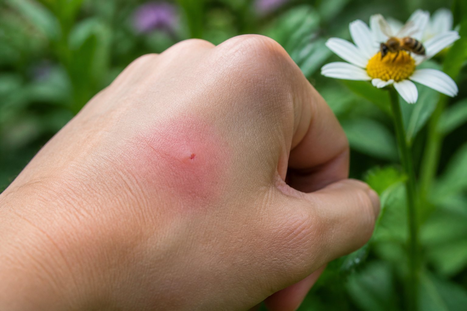 Close-up of a person's hand showing a red, swollen bee sting with a bee nearby on a flower.