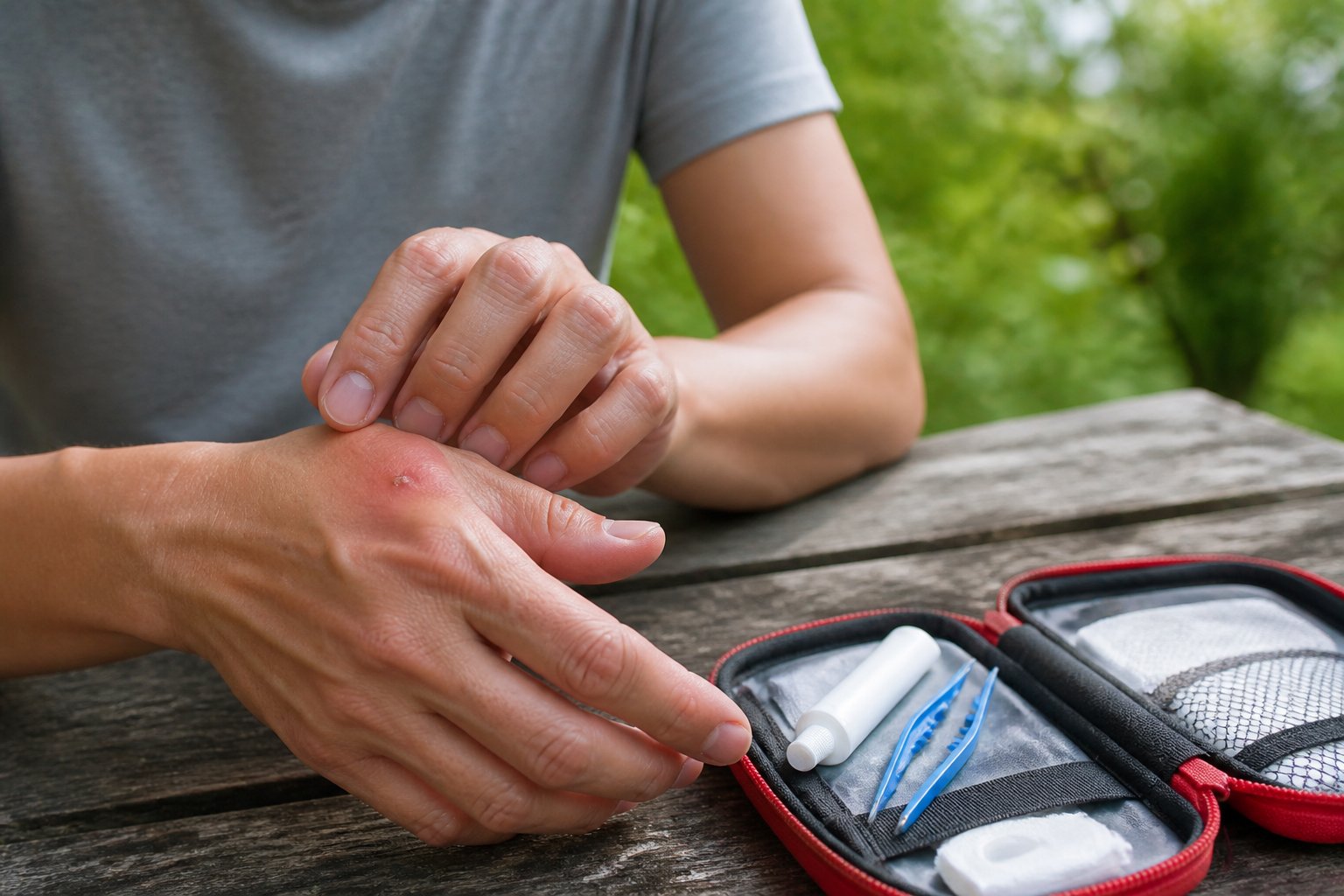 A person outdoors looking at a red swollen bee sting on their hand with a first aid kit on a wooden table nearby.