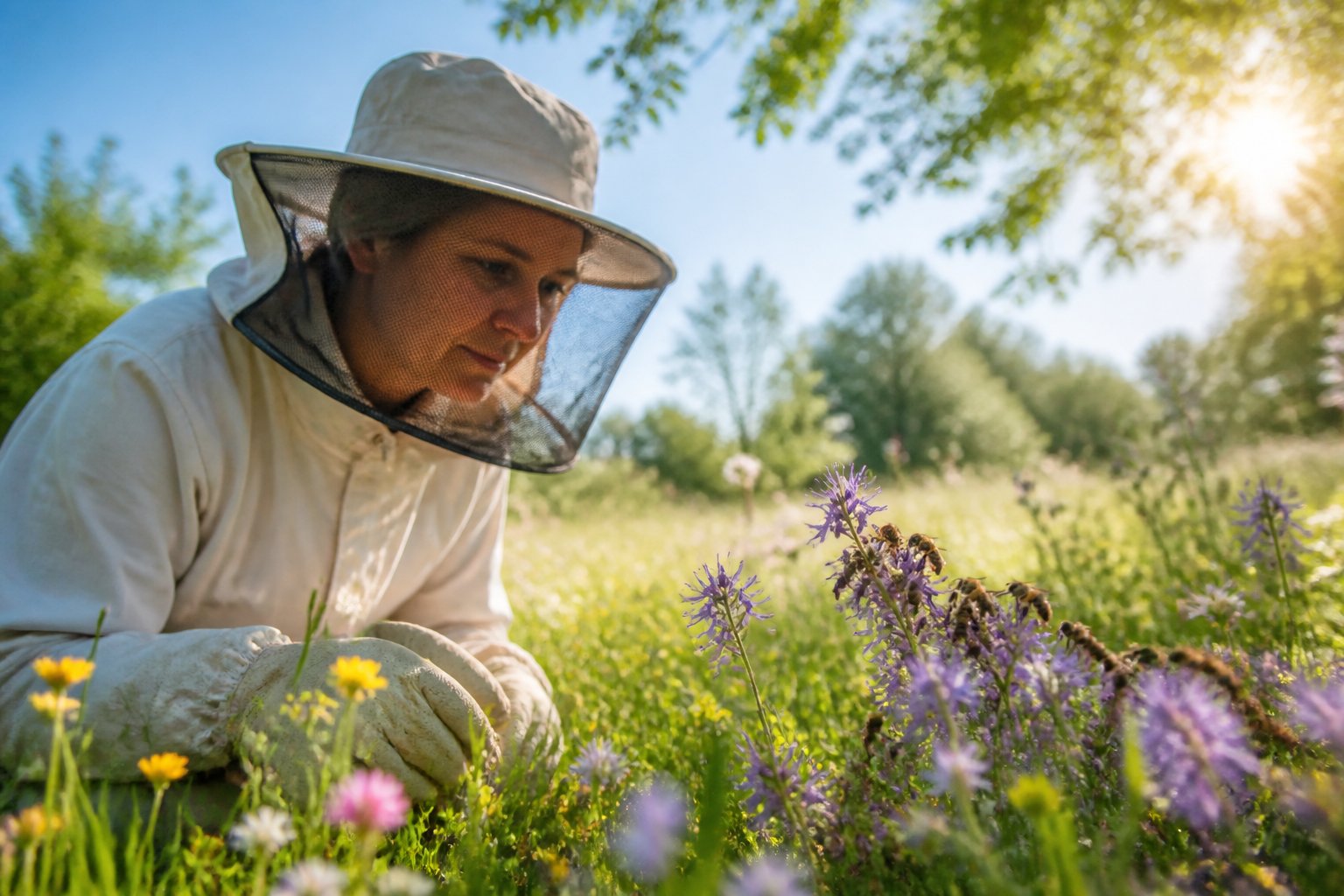 Person in protective clothing observing bees on flowers in a sunny meadow outdoors.