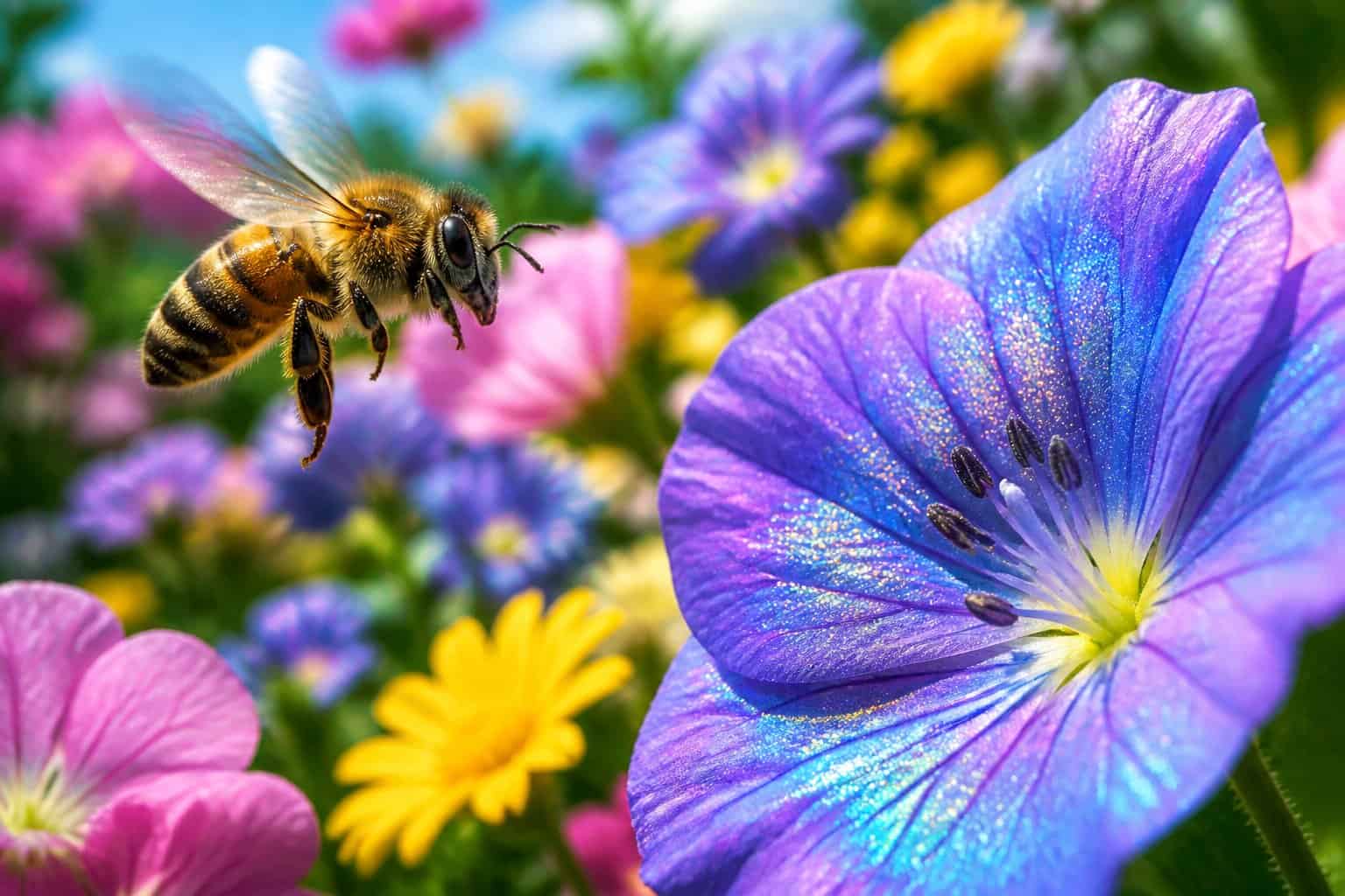 A close-up of a bee flying near colorful flowers with visible ultraviolet patterns on the petals.