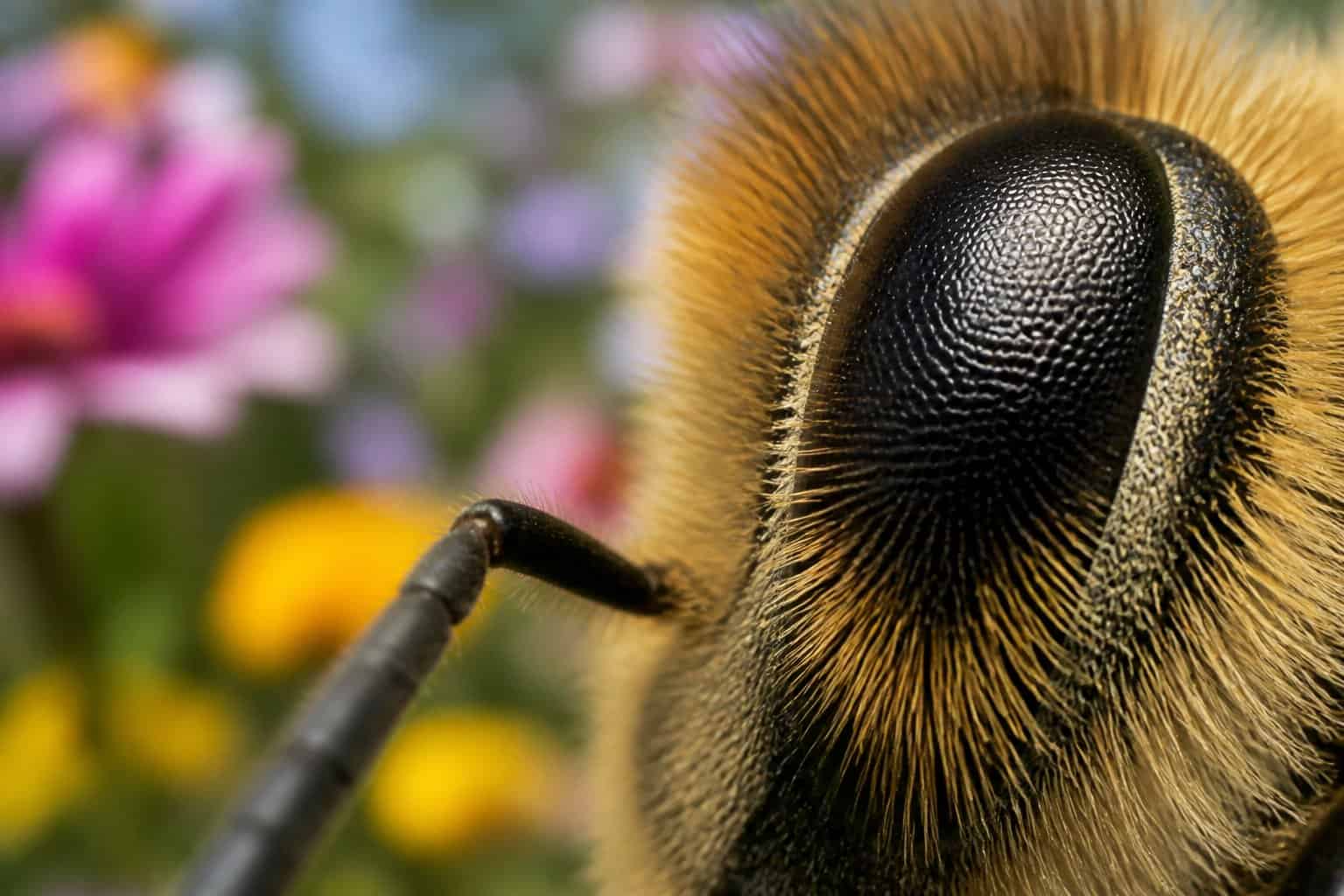 Close-up of a bee's compound eye on a flower with blurred colorful blossoms in the background.