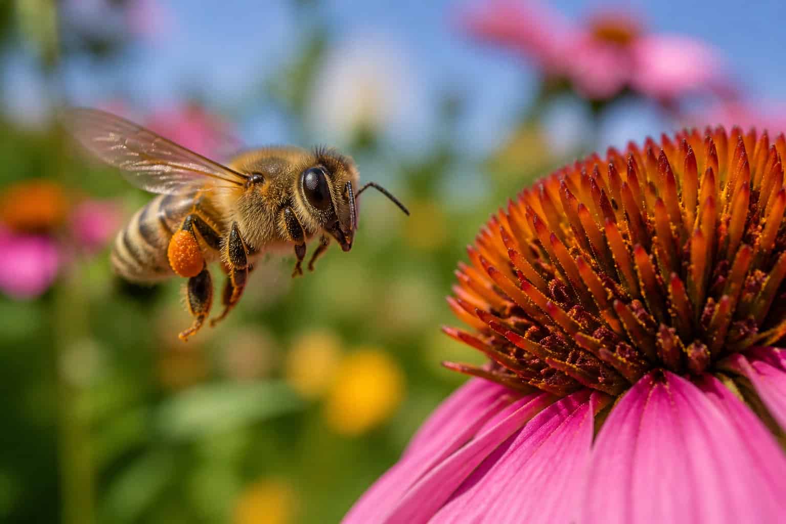A close-up of a bee flying toward a colorful flower in a garden.