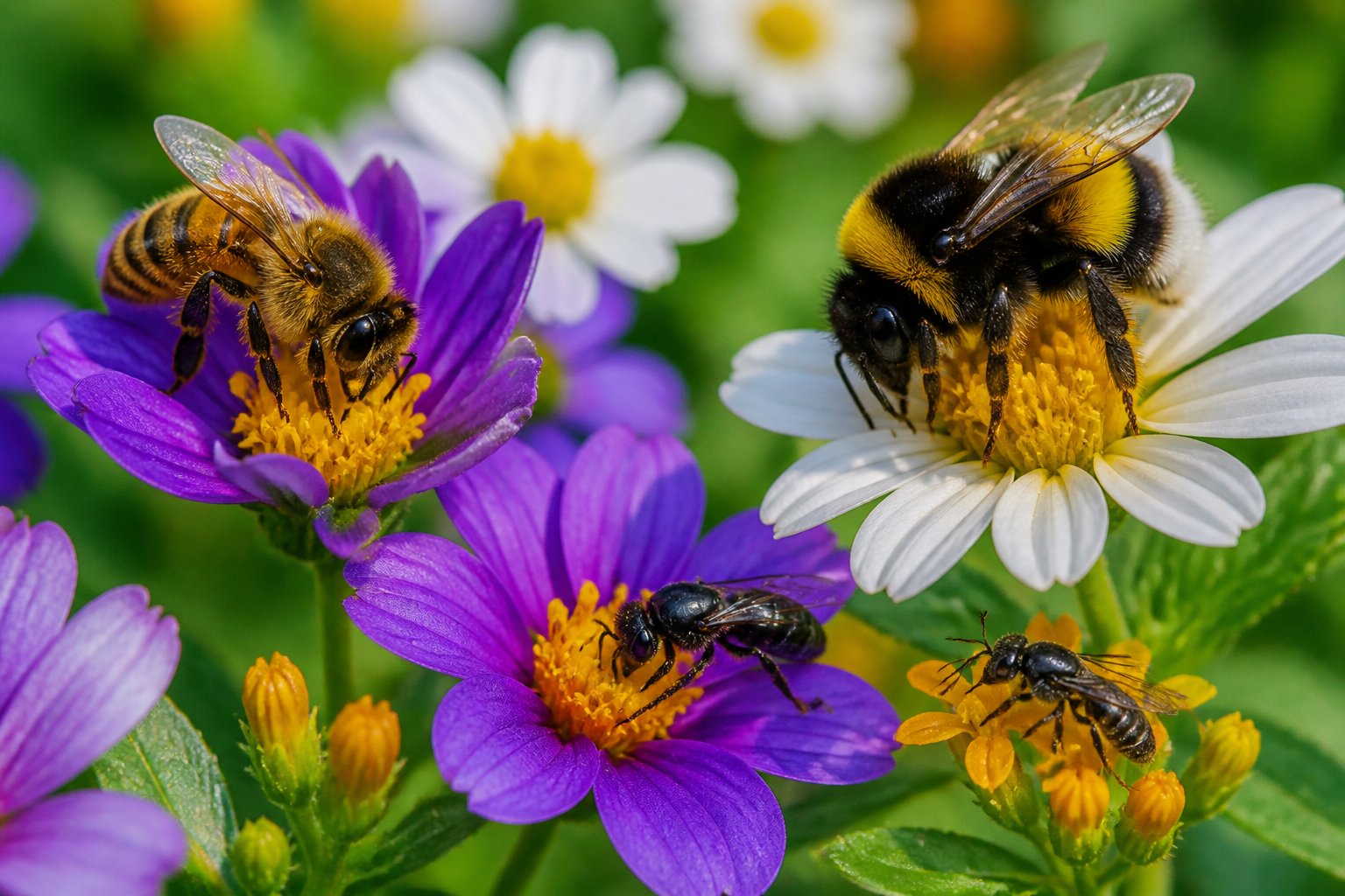 Various bees, including stingless and stinging types, collecting nectar on colorful flowers in a garden.