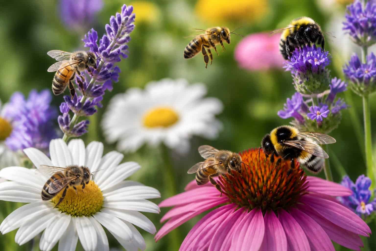 Close-up of honeybees and bumblebees on colorful flowers in a natural outdoor setting.