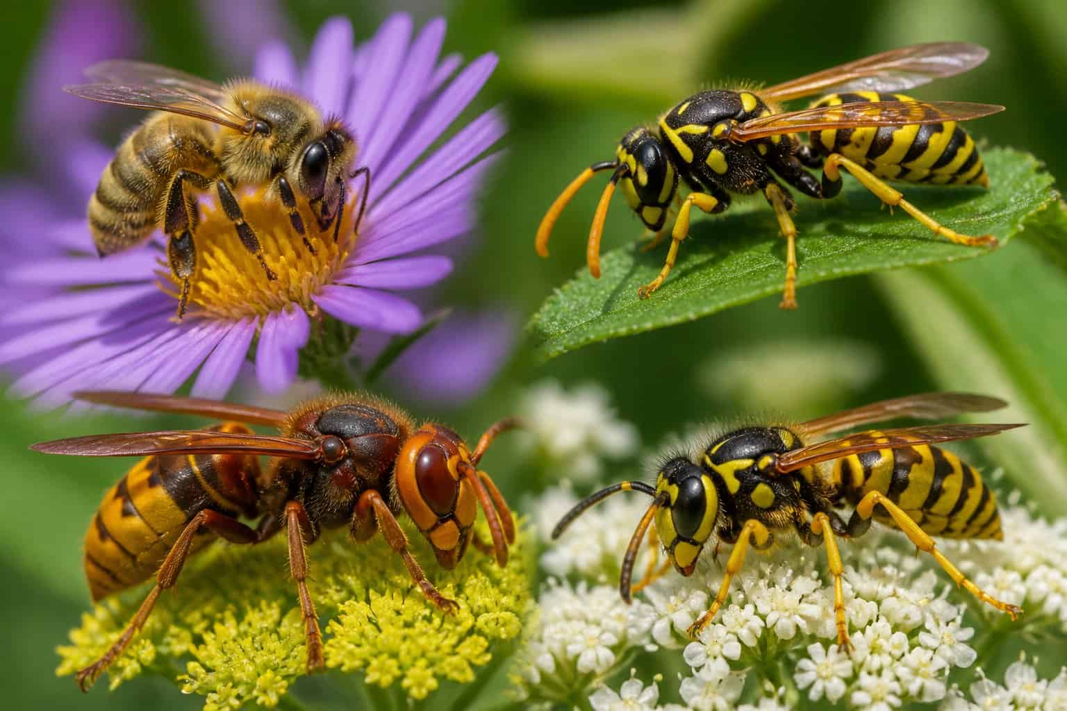 Close-up view of bees, wasps, hornets, and yellow jackets on flowers and leaves.