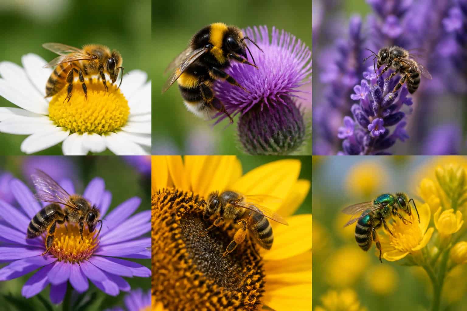 Various bee species pollinating different colorful flowers in a garden.