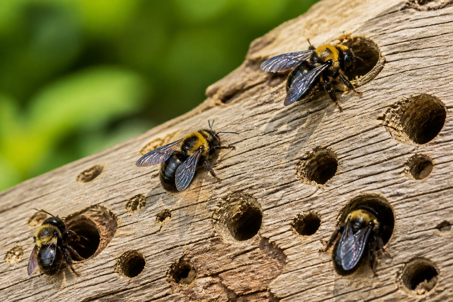 Close-up of a wooden surface with small holes and solitary bees entering and exiting them outdoors.