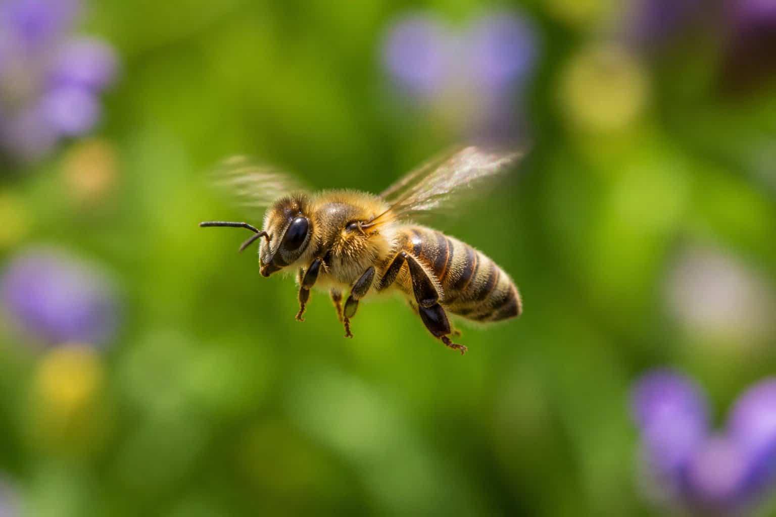 Close-up of a bee flying with its wings blurred against a green natural background with flowers.
