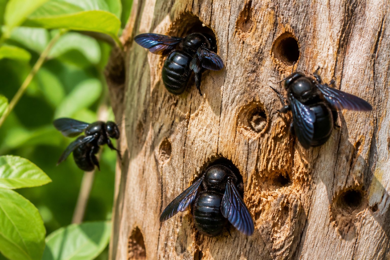 Close-up of carpenter bees burrowing into a wooden surface surrounded by green leaves.