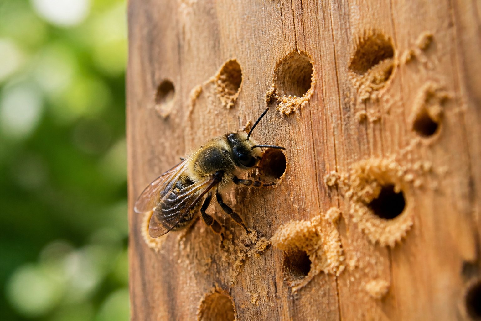 Close-up of a wooden surface with small holes and a solitary bee near one hole, outdoors with green blurred background.