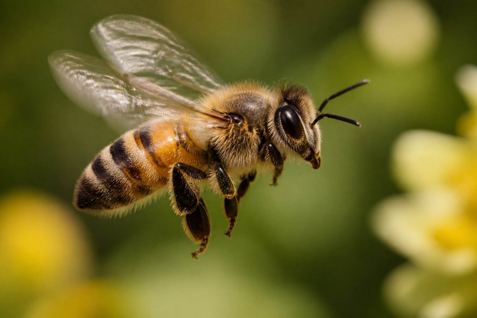 Close-up of a bee flying with its wings spread and body clearly visible against a blurred natural background.