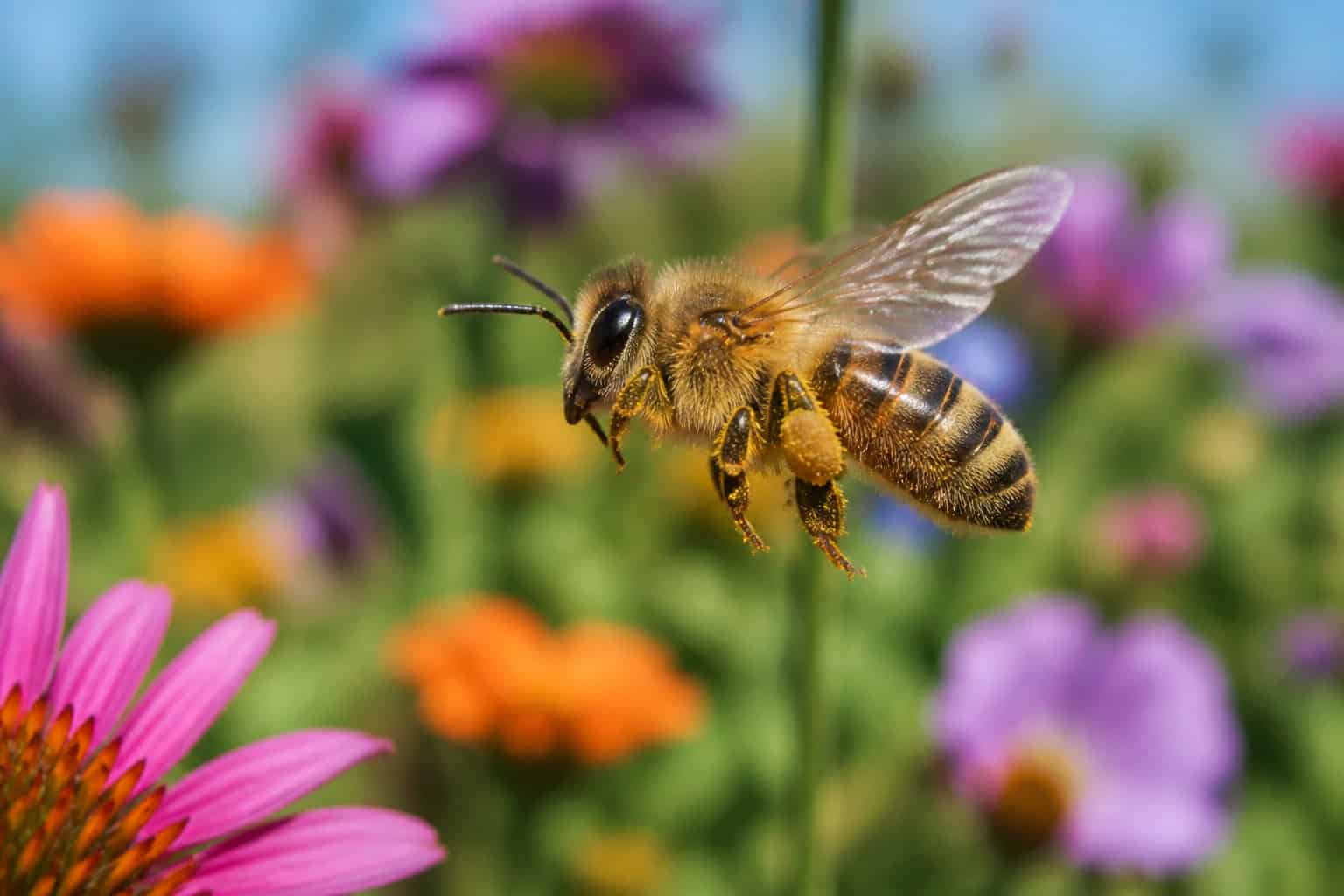 A honeybee flying above colorful flowers with its wings in motion.