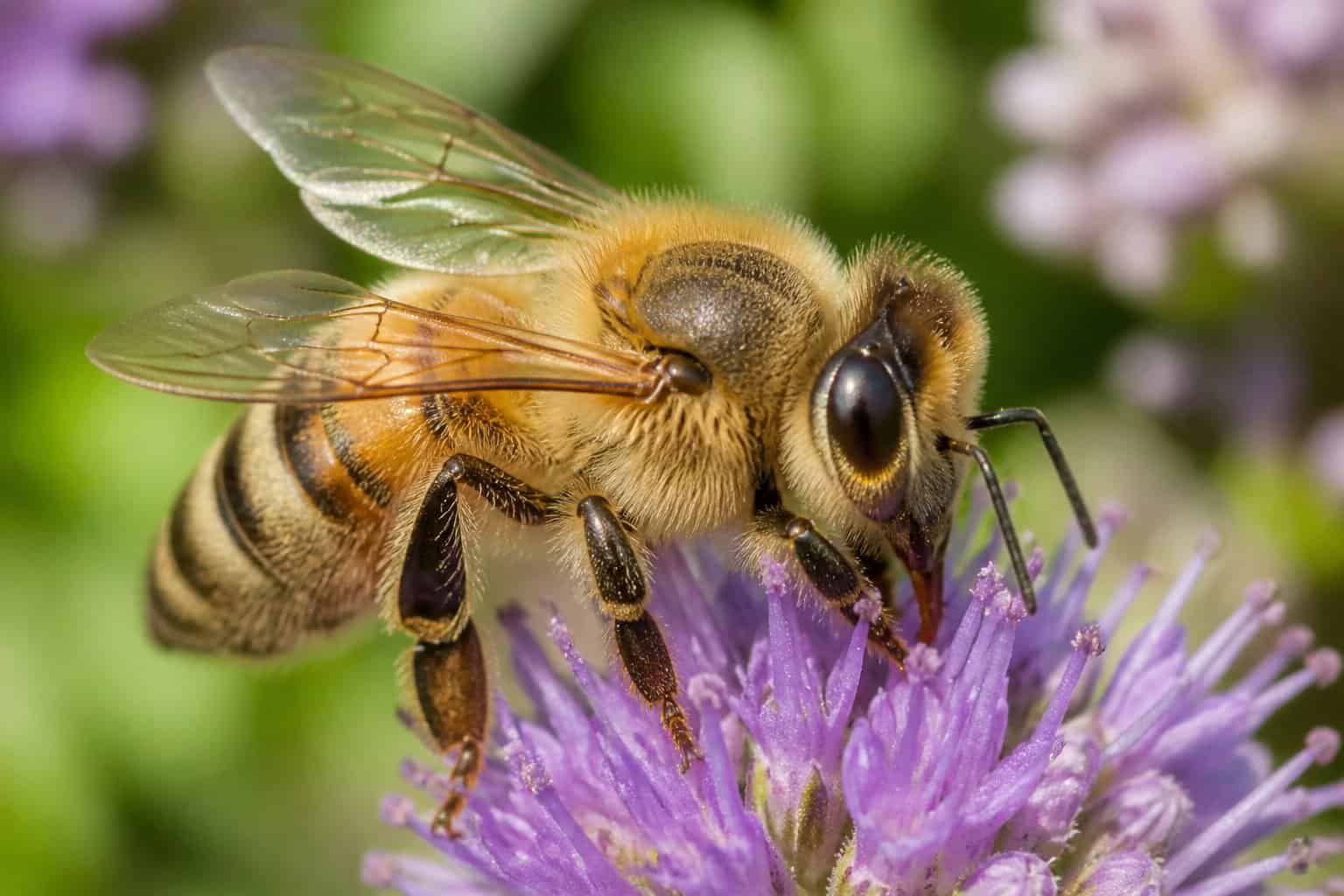 Close-up of a bee on a flower showing its wings and body parts clearly.