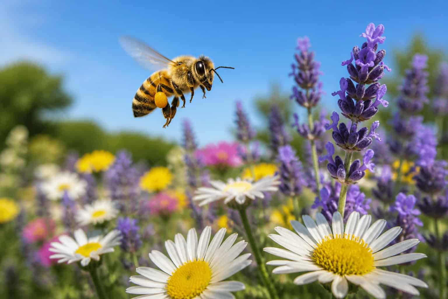 A honeybee flying above colorful flowers on a sunny day.