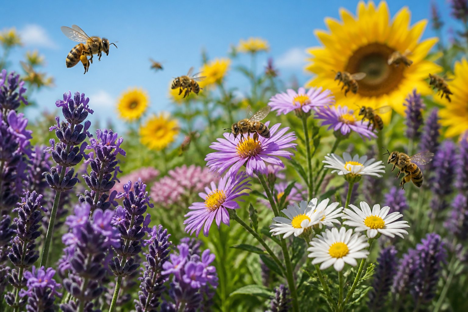 Bees flying around colorful flowers in a sunny garden with clear skies.