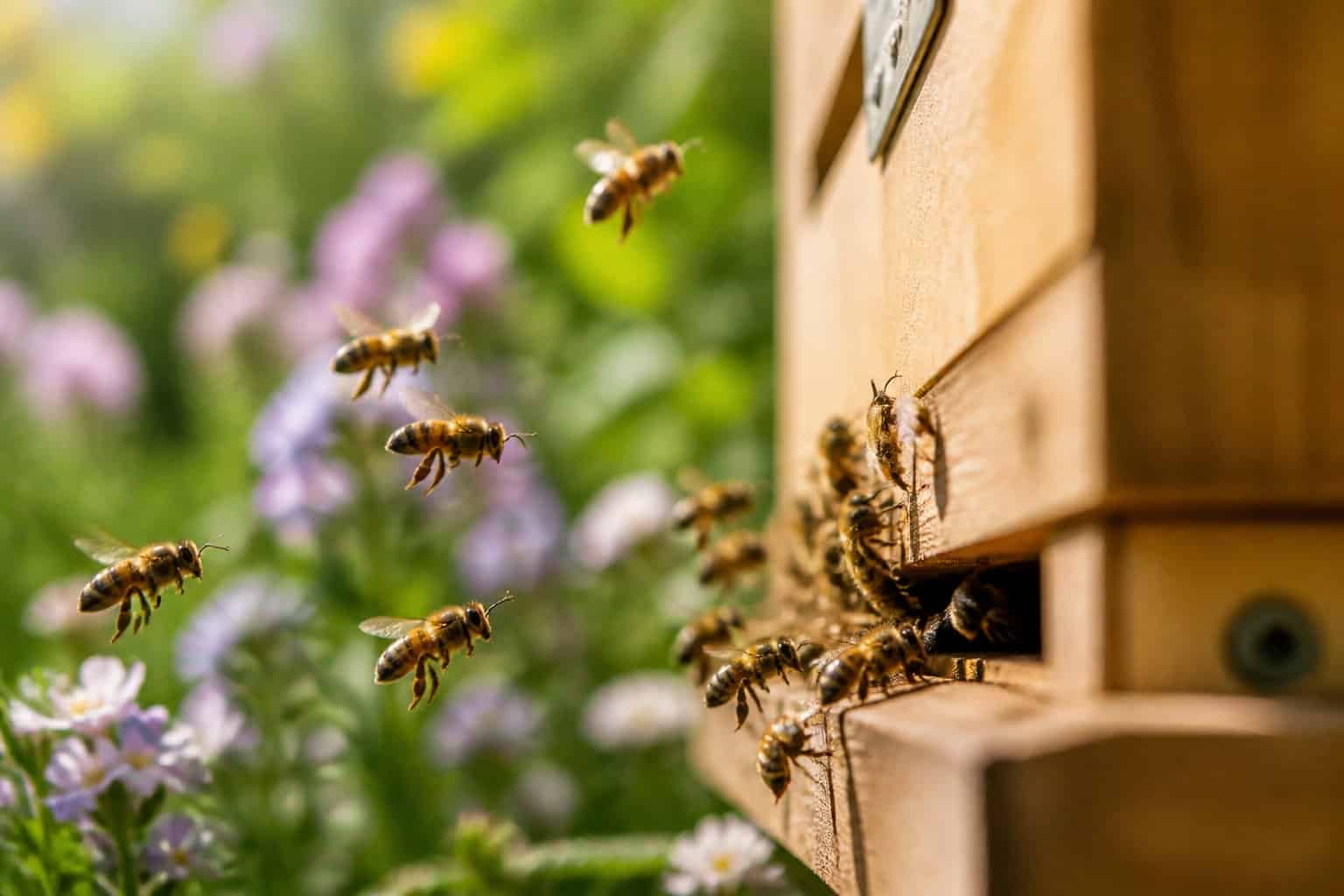 Honey bees flying out of a wooden beehive surrounded by green plants and flowers.