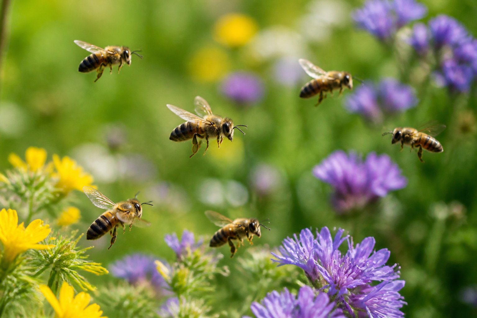 Several honeybees flying around blooming wildflowers in a sunlit meadow with green foliage in the background.