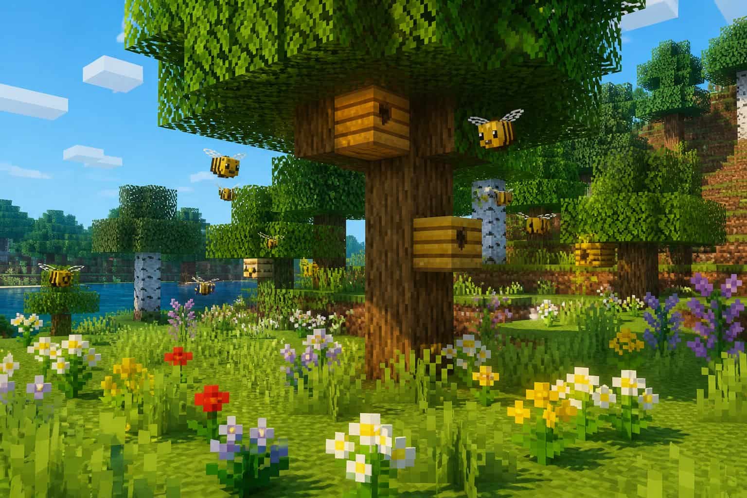 A Minecraft-style forest scene with oak trees, bee nests, flowers, and bees flying around.