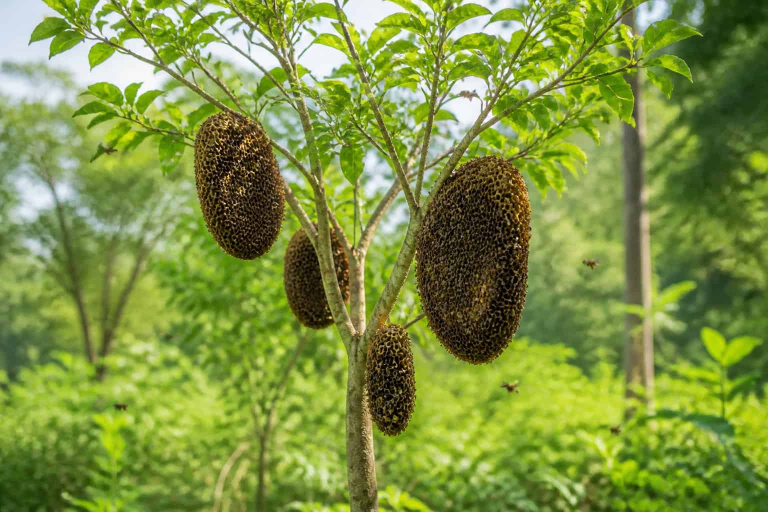 Young sapling trees with honeybee nests attached to the branches and bees flying around in a green forest setting.