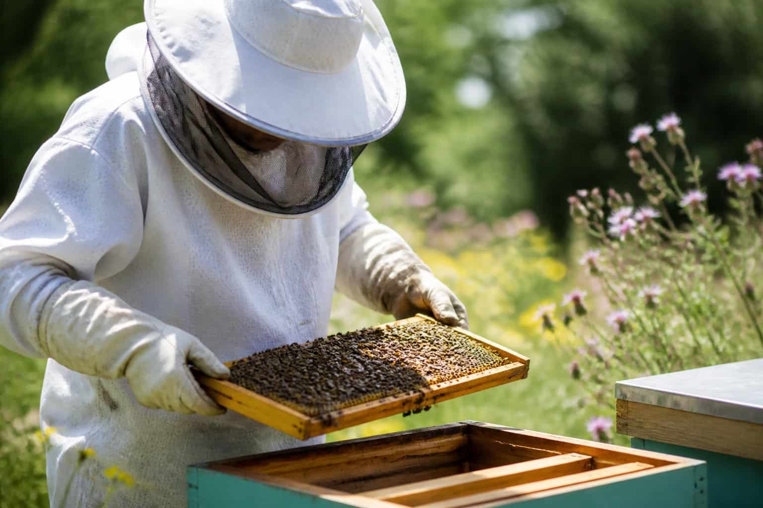 A beekeeper in protective gear gently handling a bee hive outdoors surrounded by flowers.