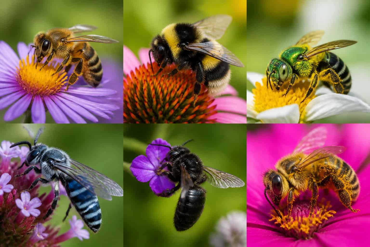 Close-up of several bees on colorful flowers in a natural setting.