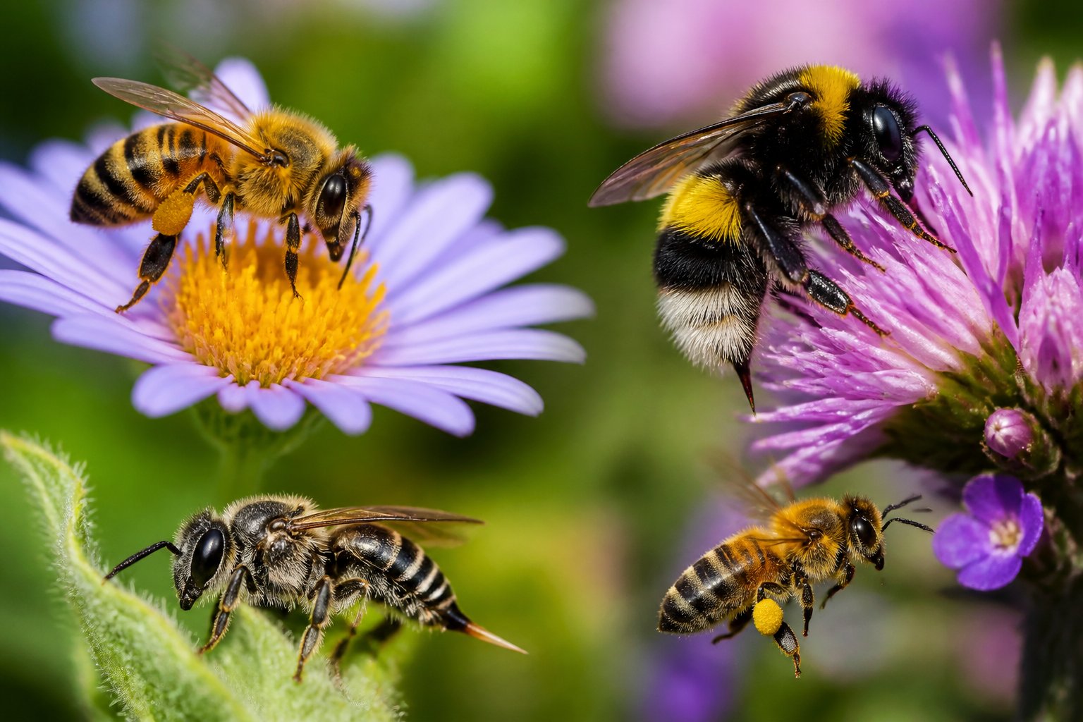 Close-up of different bees on flowers showing their bodies and stingers in a natural outdoor setting.