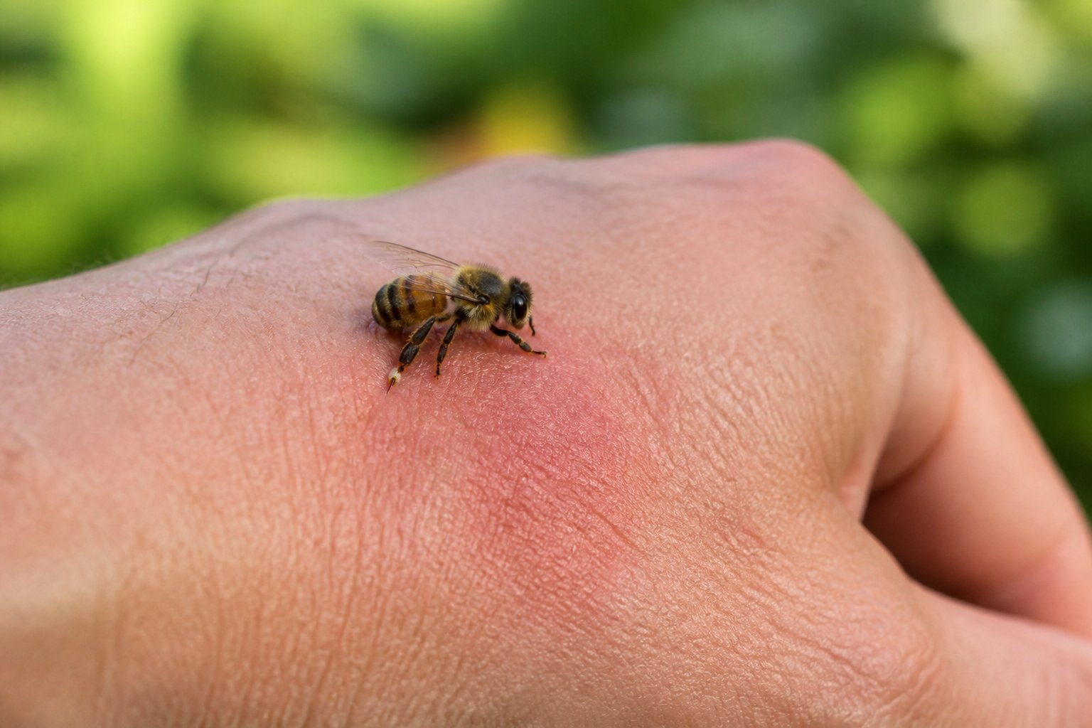 Close-up of a honeybee stinging a person's hand with slight redness on the skin.