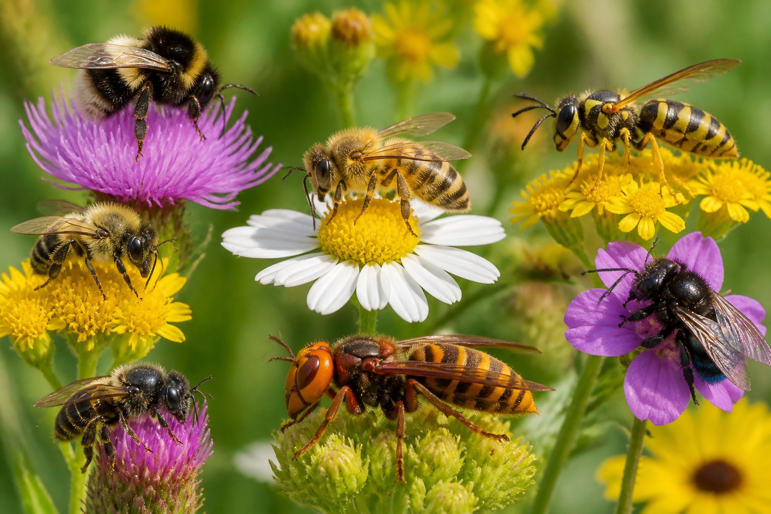 Close-up of different bees resting on flowers in a garden.