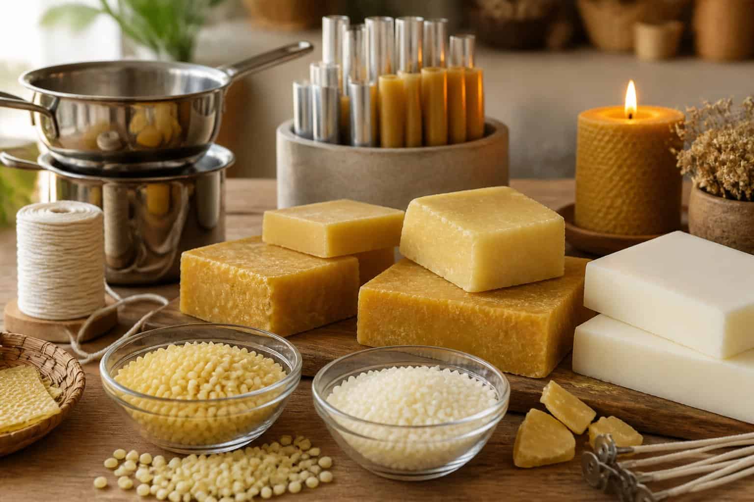 Various types of beeswax blocks and pellets displayed with candle-making tools and a lit beeswax candle on a wooden table.