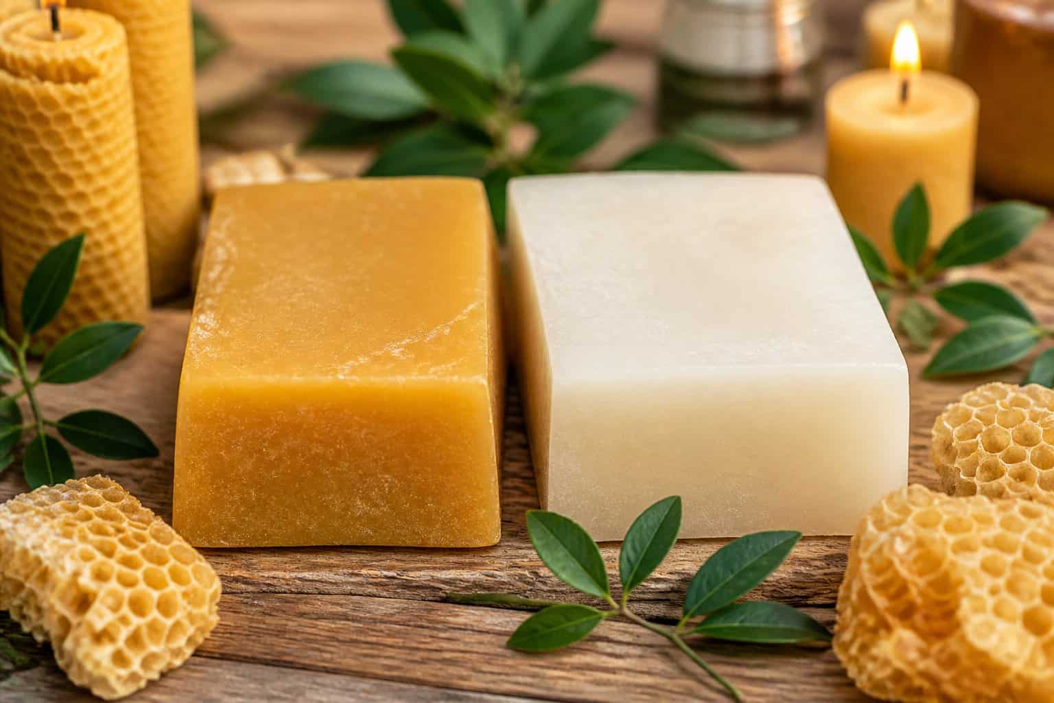 Close-up of yellow and white beeswax blocks side by side on a wooden surface with beeswax candles, honeycomb, and green leaves around them.