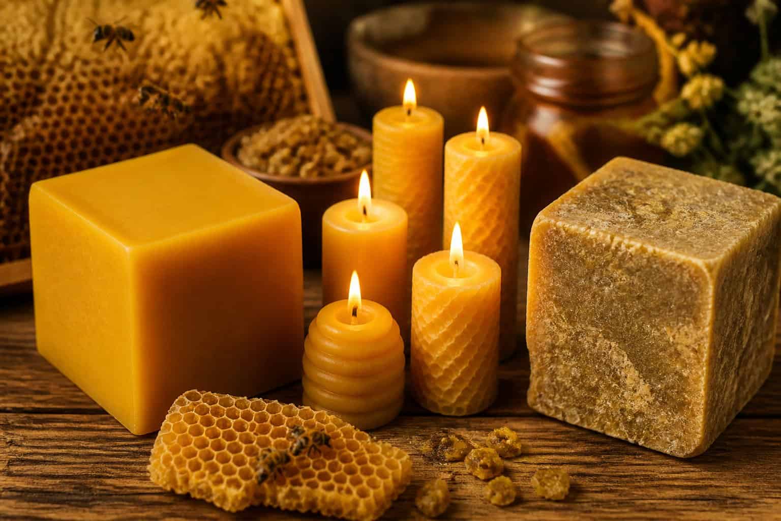 Close-up comparison of two types of beeswax blocks and several glowing beeswax candles on a wooden surface with honeycombs and bees in the background.