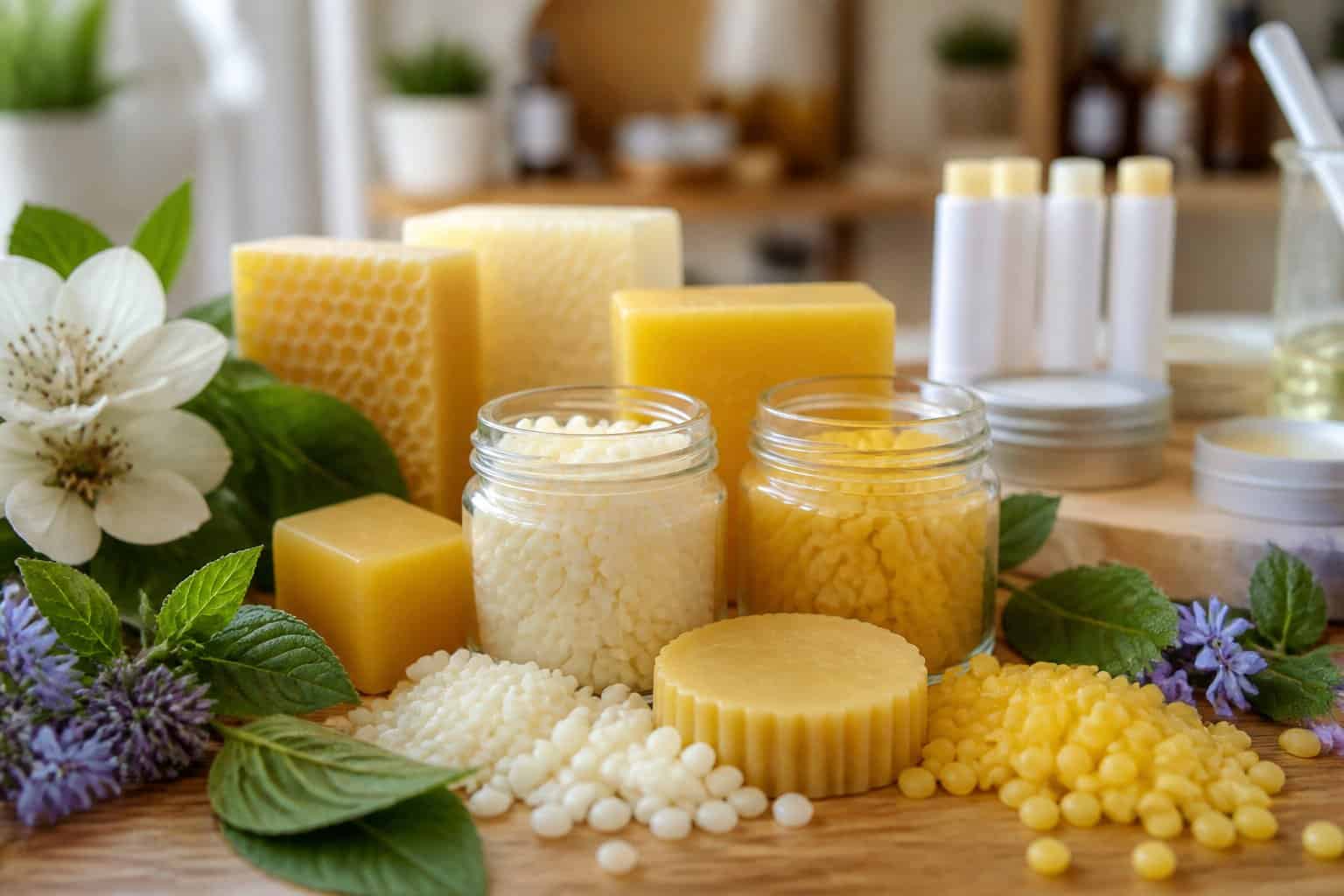 Close-up of different types of beeswax blocks and pellets on a wooden surface with green leaves and flowers, with lip balm containers blurred in the background.