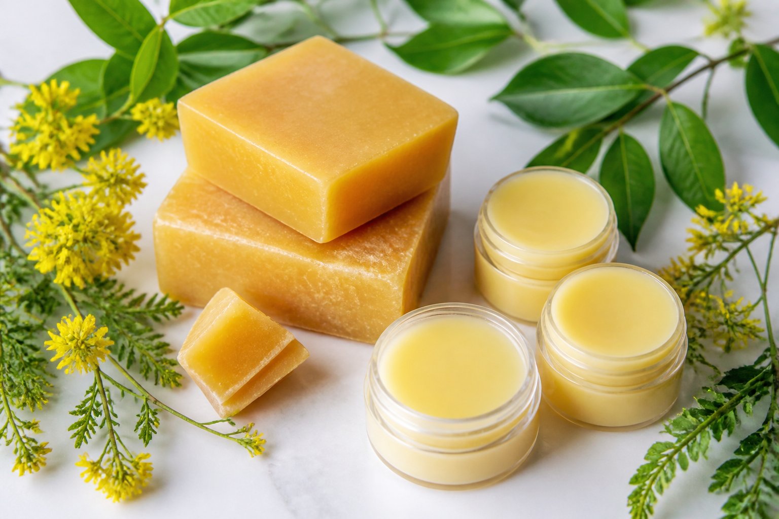 Close-up of beeswax blocks and small lip balm containers arranged with green leaves and yellow flowers on a white surface.