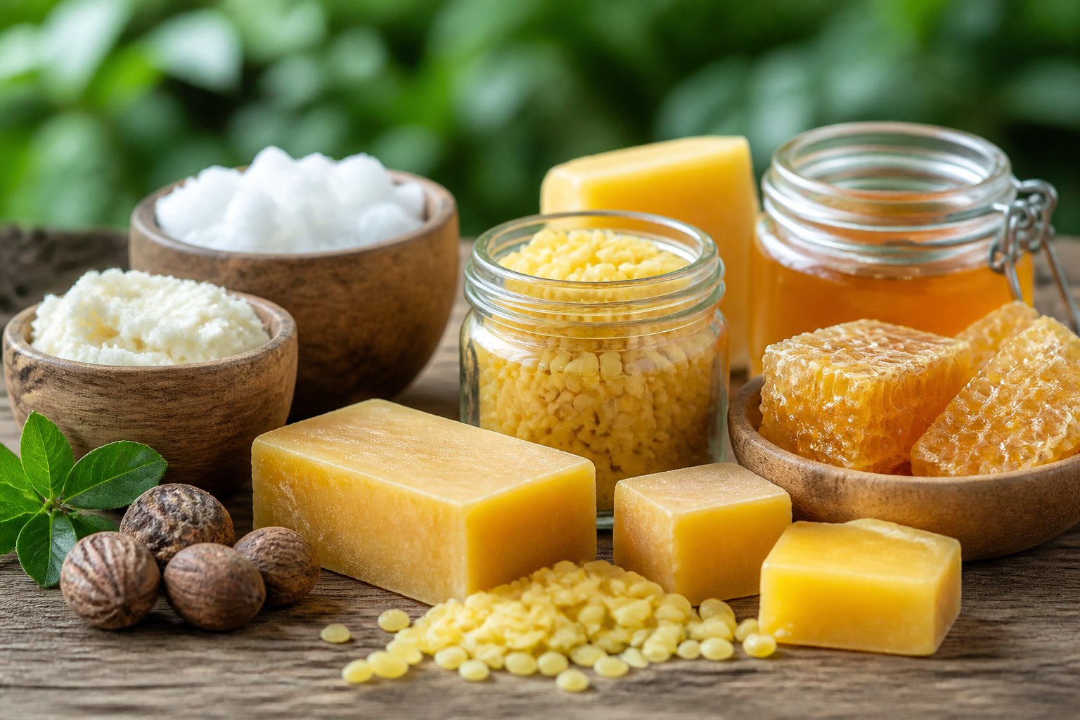 Various beeswax blocks, pellets, and natural ingredients arranged on a wooden surface for lip balm making.