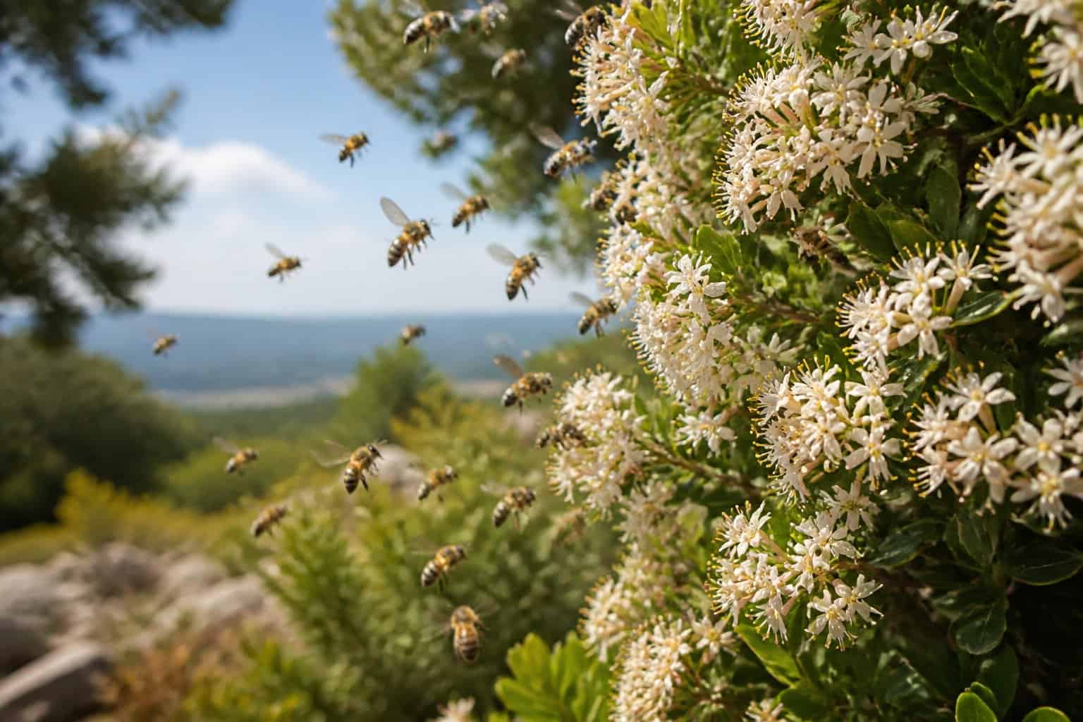 Close-up of a cluster of bees flying near flowering plants in a natural outdoor setting in Israel.