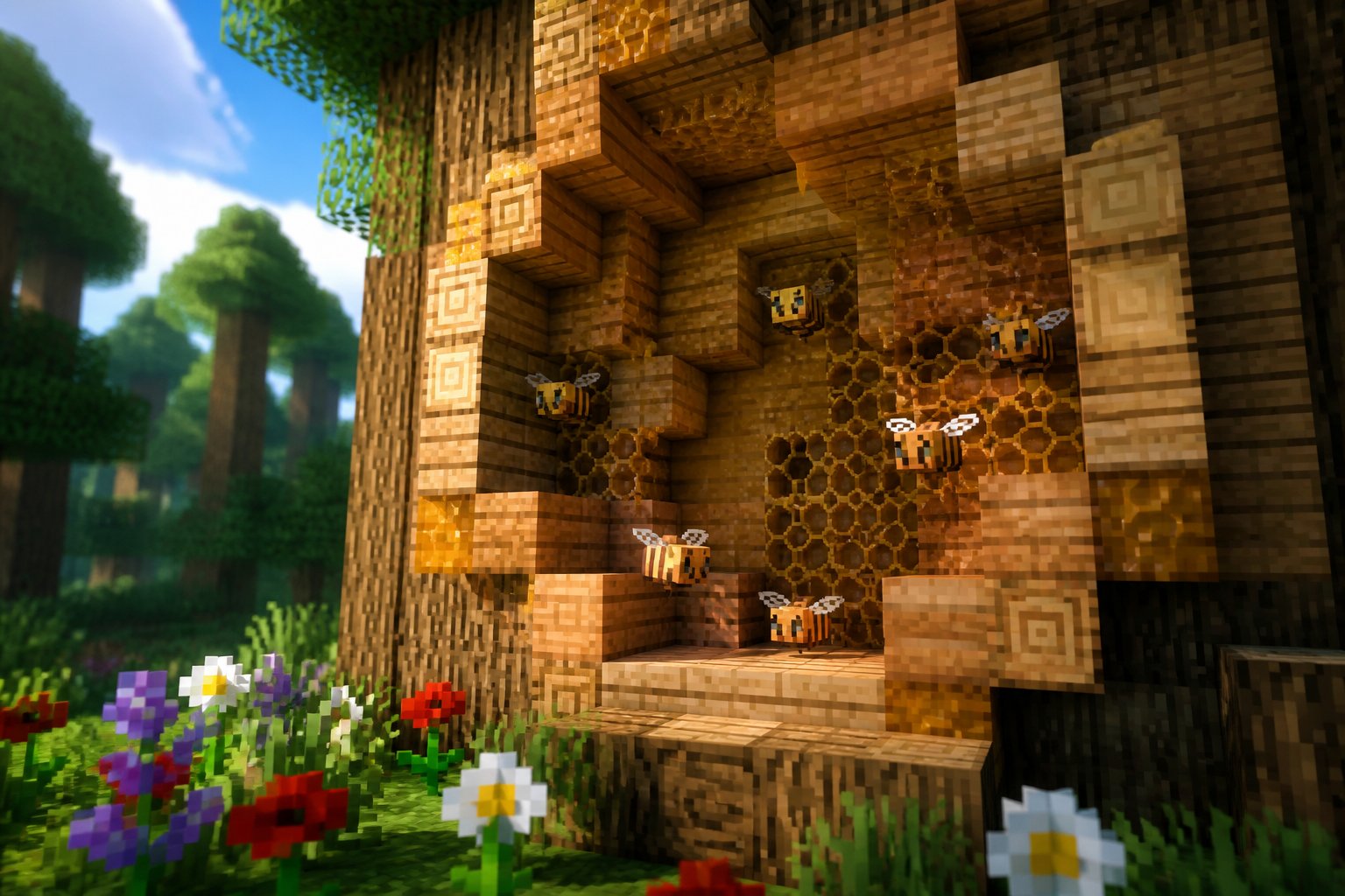 Close-up view of a Minecraft-style beehive with bees inside surrounded by flowers and trees.