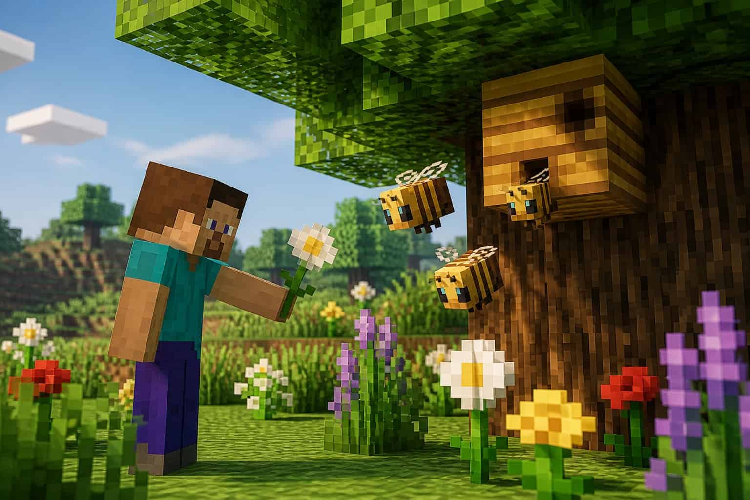 A Minecraft player near a beehive with bees flying around in a grassy area with flowers and trees.